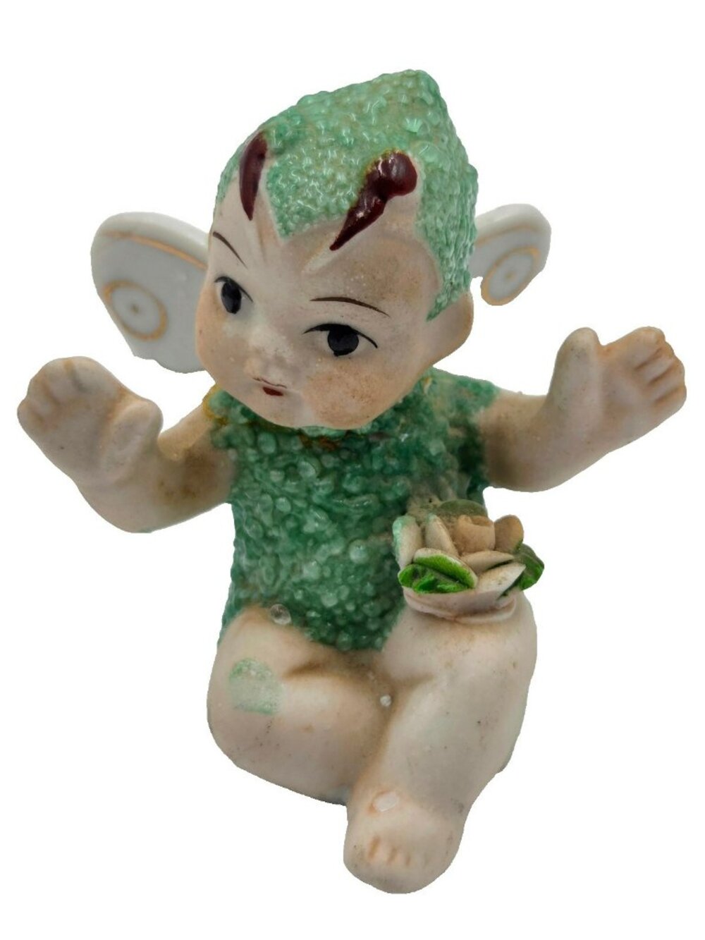Vintage Sugar Baby Fairy Pixie Figurine Japan Bisque Green Textured Repaired Rea